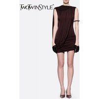 TWOTWINSTYLE Irregular Spliced Folds Dresses for Women O Neck Sleeveless High Waist Solid Mini Chic Dress Female Fashion Clothes