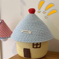 Cute Cartoon Fabric House Shaped Storage Basket Large Capacity Covered Lid Woven Basket for Home Organization Desktop Decoration