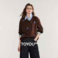 TOYOUTH Women‘s Sweatshirt 2026 Autumn Denim Flower Embroidery Fake Two Piece Splicing Turn Down Collar Cotton Casual Pullover