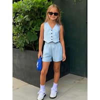 2-Piece Light Blue Vest & Shorts Set Girls Summer Casual Formal Outfit