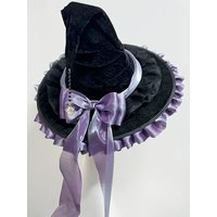 Halloween Hat Magic Witch Hat Cosplay Large Brim Woman Gothic Vintage Handmade Diablo Purple Bow Headdress Lolita Accessories
