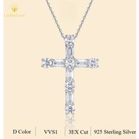 LinkerLove S925 Sterling Silver Chain D VVS1 Emerald Cut 7ct Moissanite Cross Pendant Necklace for Women Wedding Fine Jewelry
