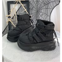 2025 Goth Dark Punk Rock Muffin Women's Platform Shoes Black Matte Ankle Hook and Loop Side Buckle Strap-up Short Boots 7cm