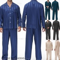 Men Pajamas Sleepwear 2PCS Set Navy Blue Stripes Long Sleeve Trouser Suits Home Clothes Male Loose Silk Satin Pijamas Loungewear