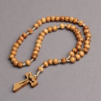 1Hollow Cross Catholic Wood Beaded Rosary Necklaces Christian INRI Crucifix Cross Pendant Long Chain Men Religion Prayer Jewelry