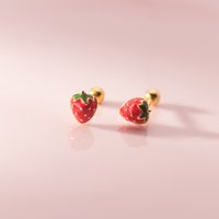 A Pair 925 Sterling Silver Red Strawberry Earrings Ins Hot Sweet Cut Style Jewelry for Women, Ear Plug Screw Back