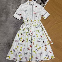 2026 New Summer Sweet Colorful Bow Print Long Dress Women Lapel Short Sleeve Lace-up Belt Elegant Fashion Cotton Dresses