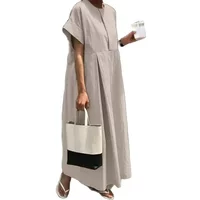 Women Elegant Commuter Solid Color Dresses Simple Style Loose Cotton Linen Dress Summer O Neck Short Sleeve Casual Female Frock
