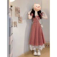 Red Plaid Summer Dress Women's High Waist Belted A-Line Skirt Short Sleeve Breathable Polyester Casual City Commute Dress