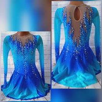 Ice Figure Skating Dress Girls Blue Mesh Long-Sleeved Competition Performance Training Clothes Children Adults BD1732