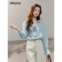 MISHOW Women's Asymmetric Ruffled V-neck Shirt Spring Light Blue Floral Applique Ruffle Cuffs Top Elegant Loose Shirt MXF14C2448