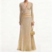 25292 High-quality Autumn New Fashion Slim Fit Chain Belt Long Sleeved Top Knitted Pullover+pleated Skirt Women's Set