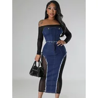 Elegant Mesh Patchwork Denim Dress Sets Womens 2 Piece Outfit Set Clubwear Slash Neck Crop Top and Long Skirt Matching Sets Chic