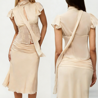 Guz Beige Chiffon Top with Ribbon Tie and Pleated Waist, Fishtail Skirt, Sheer Chiffon Two-Piece Set with Ribbon Ties, Buttoned Front, Vertical Pleats, Slim-Fit Short Shirt