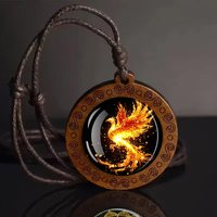 Fire Phoenix Wooden Pendant Necklace with Undead Bird Pattern, unisex, adjustable rope, suitable for daily wear, holiday gift