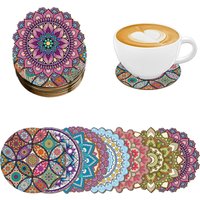 8 pieces/set of mandala patterned wooden anti-slip coasters, suitable for bar and cafe decoration anti-slip coasters