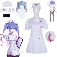 Anime Blue Hair Girl Rabbit Hole Nurse Cosplay Suit Sexy Nurse Outfit with Stockings and Nurse Cap Female Role Play Party Dress
