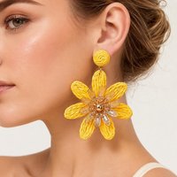 French Vintage Raffia Floral Dangle Earrings, Waterproof Statement Chunky Flower Earrings for Summer Vacation Lightweight