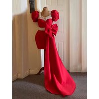 Mini Cocktail Dress with Detachable Bow Puff Sleeves Pearls Sweetheart Sheath Red Luxury Party Gowns for Women
