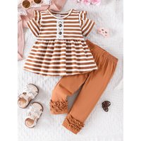 2pcs Spring Autumn Baby Girls Brown Stripe Outfit Set, Ruffle Sleeve Lace Button Peplum Top + Ruffle Cuff Pants, Vintage Sweet