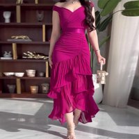 Temperament Fashion Evening Dresses Solid Color High Waist Slim Ruffles Tiered Sleeveless Off Shoulder Ankle Length Dress Party