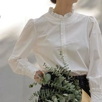 Spring Summer Women Shirts Fashion Stand Collar Ruffles Chiffon Blouses Ladies Elegant French Style Longn Sleeved White Shirts