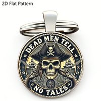 1PC "Dead Men Tell No Tales" Pirate Skeleton Keychain Vintage Skull Crossbones Guns Design, Glass Dome Metal Gothic Car Keyring