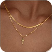 Double Layered Cross Necklaces for Women Men,18K Gold Plated Chain Necklace,Dainty Waterproof Jewelry for Easter,Baptism Gifts