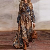 European and american style vintage floral print ethnic retro long sleeve maxi dress