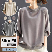 Loose Fit round Neck 7/8 Sleeve Ribbed Collar Top Korean Style Casual Slimming Women's Fashion Autumn New Arrival