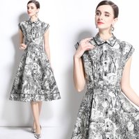 High Waist A-Line Dress Women's Summer Midi Lightweight Luxury Feel Sleeveless Collar Travel Suitable Floral Print