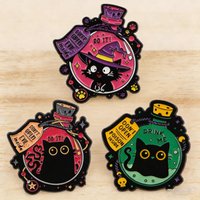 3pcs Halloween Black Cat Enamel Pin Set "Don't Open" "Drink Me" Witch Cat Brooch for Backpack Lapel Gothic Badge Party Gifts
