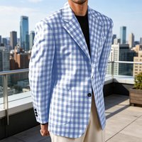 Men's Checkered Cotton Blazer Notched Lapel Single-Breasted Casual Business Summer Sport Coat with Patch Pockets