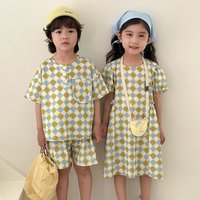 Summer New 1-10 Years Old Brother Sister Clothes Girls Green Square Pattern Dress Boys Cotton T Shirt Shorts 2pcs Suit Clothing image 4