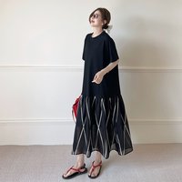 Elegant Loose Short Sleeve Embroidered Dress Cold Tone Midi Dress Fake Two-Piece Design Summer New Arrival Women's Fashion