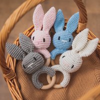 BPA Free Baby Rattle Wooden Teether Music Ring Crochet Animal Rabbit Music Rattles Soother Bracelet Toddler Toys Baby Teething