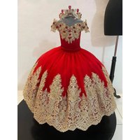 Customized Red Flower Girl Dresses For Wedding Gold Appliques Crystal Luxury Princess Formal Events Holy First Communion Gown