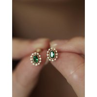 925 Sterling Silver Vintage Style Oval Emerald Earrings With Micro Inlaid Zircon Surrounding Niche And Exquisite Fashion Earring
