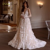 Loverxu A-Line Glamorous Wedding Dresses V-Neck Sleeveless Vestido De Novia Appliques 3D Flowers Sexy Custom Made Bridal Gown