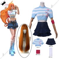 Bloom Cosplay dessin animé fée Anime Costume bleu rayé pull Vintage Denim Mini jupes femmes Costume Bloom tenue de jeu de rôle