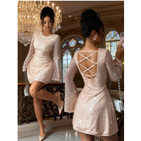Sexy Backless Sequin Mini Dress Women Chic Long Flared Sleeve Hollow-out Slim Skirt Spring Summer Lady Evening Party Gowns