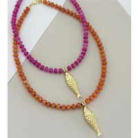 2026 new Fashion Design Big Fish pendant natural stone rose red beads on an abacus Chain Necklace go to Beach for woman