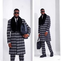 High Quality Plaid Men Long Overcoat 2 Piece Coat Pants Double Breasted Woolen Blend Winter Warm Overcoat Customized