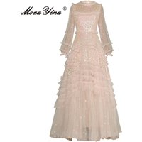 MoaaYina Autumn Fashion Designer Elegant Party Mesh Dress Women Lantern Sleeve Sequins Cascading Ruffles A-LINE Slim Long Dress
