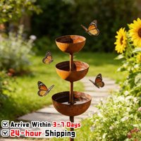 Rain Catcher Garden Stake with 3-Tiered Water Bowls Outdoor Bird Bath Metal Garden Stakes Bird Bath for Outdoor Yard Art Decor