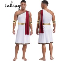 Mens Roman Ancient Greek God Toga Cosplay Costume One Shoulder Embroidered Dress Robe+Headband Set for King Prince Roleplay