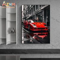AZNM Ferrari F40 Classic Red Supercar Wall Art Print, Single Unframed Canvas Poster, Vintage Italian Sports Car In Wet Urban Str