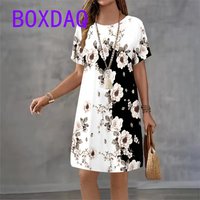 Vintage Floral Print Women Dress Loose Casual Short Sleeve O-Neck A-Line Dress Summer Ladies Flower Dress