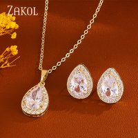 ZAKOL Trendy Bling Cubic Zirconia Water Drop Pendant Necklace Earring Set for Women Zircon Party Luxury Wedding Jewelry Set
