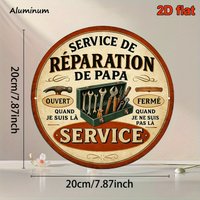 2D Flat French "Service de Réparation de Papa" Round Metal Tin Sign, Vintage Toolbox Hammer Wrench Garage Wall Decor, Humorous "